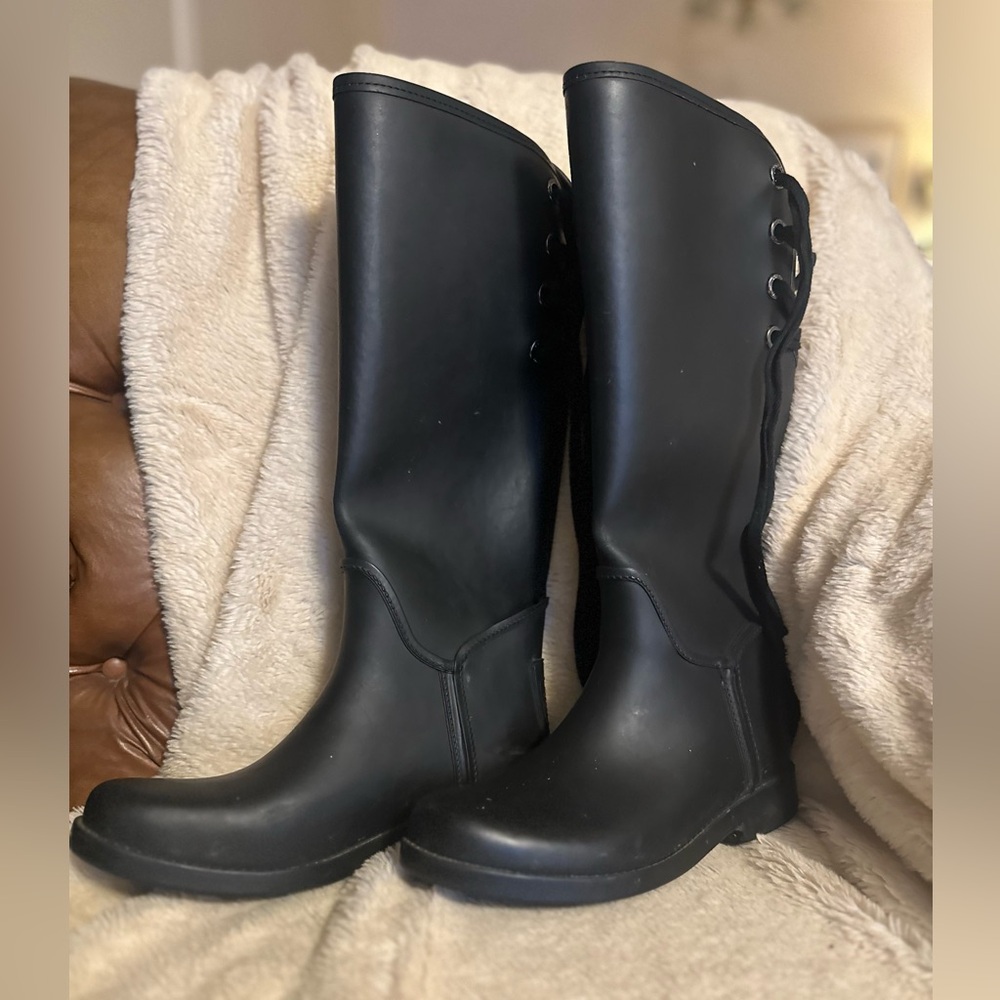 Coach Black Winter Rain Boots with Lace-Up Detail - Picture 2 of 8